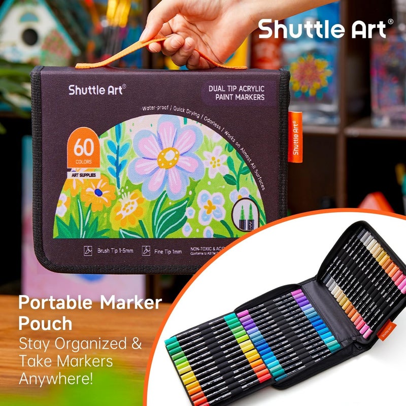 Shuttle Art Markers طلاء أكريليك مزدوجة الطرف بـ 60 لون، أقلام طلاء أكريليك بطرف فرشاة وطرف دقيق للصخور، السيراميك، الخشب، القماش، البلاستيك، الزجاج، الحجر، الخط، صناعة البطاقات، الحرف والفن على الأظافر - Image 5